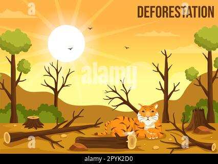 Deforestation Illustration with Tree in the Felled Forest and Burning Into Pollution Causing the Extinction of Animals in Cartoon Hand Drawn Templates Stock Photo