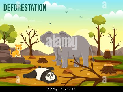 Deforestation Illustration with Tree in the Felled Forest and Burning Into Pollution Causing the Extinction of Animals in Cartoon Hand Drawn Templates Stock Photo