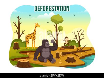 Deforestation Illustration with Tree in the Felled Forest and Burning Into Pollution Causing the Extinction of Animals in Cartoon Hand Drawn Templates Stock Photo