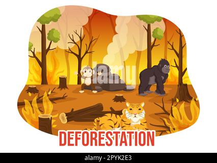 Deforestation Illustration with Tree in the Felled Forest and Burning Into Pollution Causing the Extinction of Animals in Cartoon Hand Drawn Templates Stock Photo