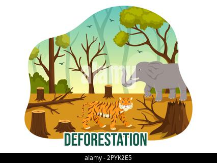 Deforestation Illustration with Tree in the Felled Forest and Burning Into Pollution Causing the Extinction of Animals in Cartoon Hand Drawn Templates Stock Photo