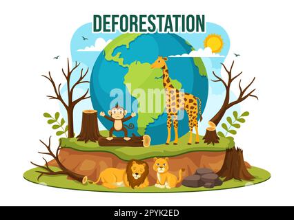 Deforestation Illustration with Tree in the Felled Forest and Burning Into Pollution Causing the Extinction of Animals in Cartoon Hand Drawn Templates Stock Photo