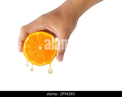 Hand holding slice of orange isolated on white background with clipping ...