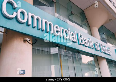 17 January 2023, Dubai, UAE: Commercial Bank of Dubai signage at the entrance to famous financial institution Stock Photo