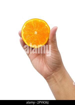 hand holding slice of orange isolated on white background Stock Photo ...