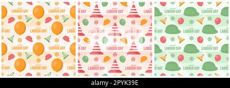 Set of Happy Labor Day Seamless Pattern Design Illustration with Different Professions in Element Template Hand Drawn Stock Photo