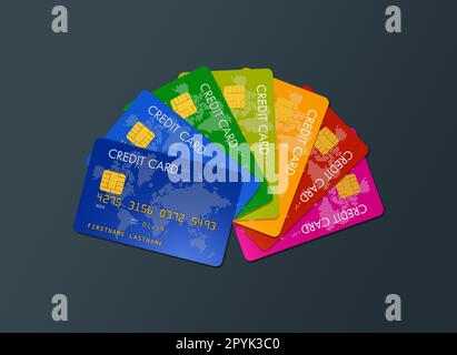 Colorful credit cards isolated on a dark grey background Stock Photo