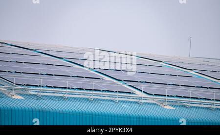 Solar energy for factory or warehouse building. Solar panels on the roof of industrial plant. Commercial solar. Industrial photovoltaic panels. Rooftop solar power. Green energy. Sustainable energy. Stock Photo