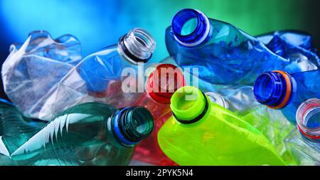 Empty colored carbonated drink bottles. Plastic waste Stock Photo