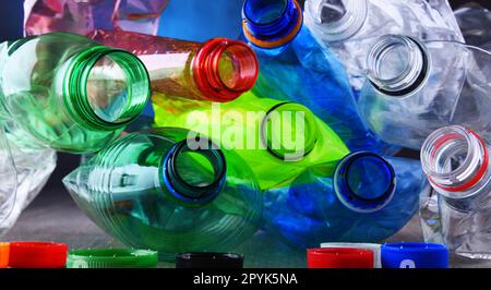 Empty colored carbonated drink bottles. Plastic waste Stock Photo