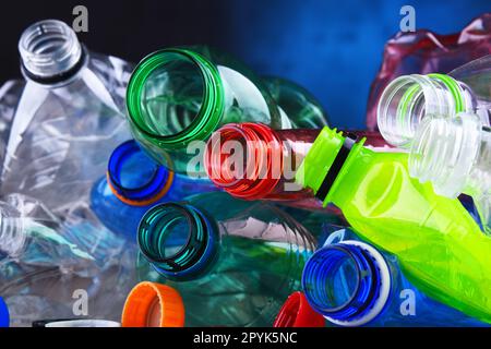 Empty colored carbonated drink bottles. Plastic waste Stock Photo