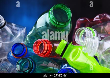 Empty colored carbonated drink bottles. Plastic waste Stock Photo
