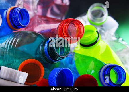 Empty colored carbonated drink bottles. Plastic waste Stock Photo