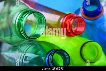 Empty colored carbonated drink bottles. Plastic waste Stock Photo
