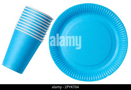 Blue empty paper disposable plate and cups on white isolated background, top view Stock Photo