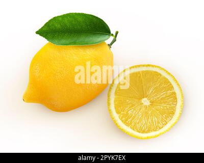 Fresh lemon fruit and sliced isolated on white background,Juicy lemon. Stock Photo