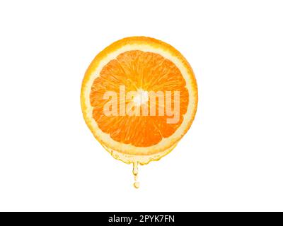 Fresh orange juice dripping isolated on white background. Clipping path Stock Photo