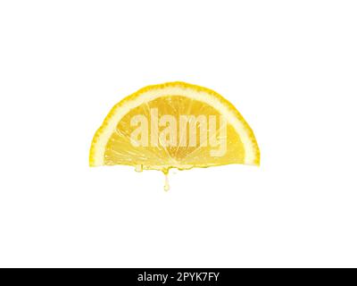 Fresh lemon juice dripping isolated on white background. Clipping path Stock Photo