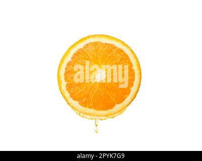 Fresh orange juice dripping isolated on white background. Clipping path Stock Photo