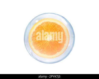 Fresh orange slice, in bubble isolated on white background Stock Photo