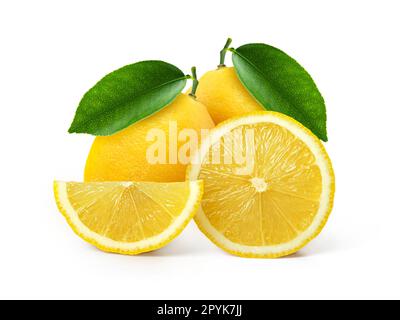 Group of lemons with leaves, isolated on white background Stock Photo