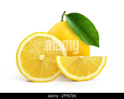 Group of lemons with leaves, isolated on white background Stock Photo