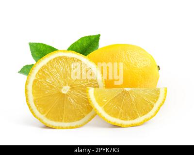 Group of lemons with leaves, isolated on white background Stock Photo