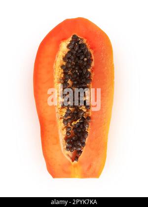 half of ripe papaya fruit with seeds isolated on white background Stock Photo