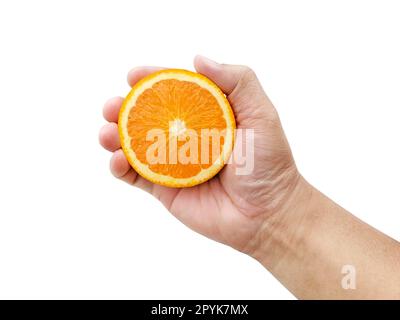 hand holding slice of orange isolated on white background Stock Photo