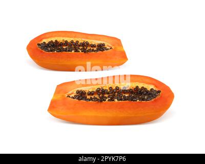 half of ripe papaya fruit with seeds isolated on white background Stock Photo