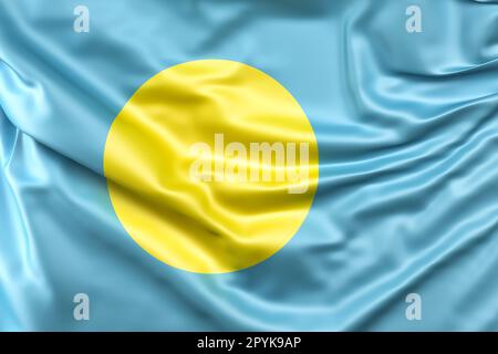 Ruffled Flag of Palau. 3D Rendering Stock Photo