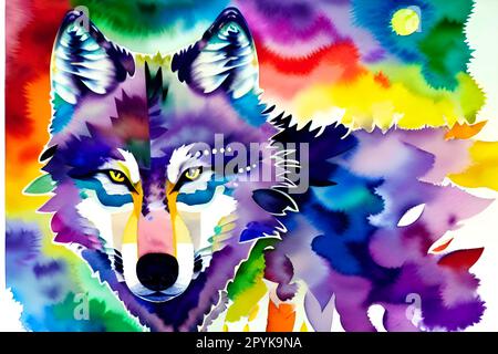 colorful drawing of a wolf with a rainbow Stock Photo