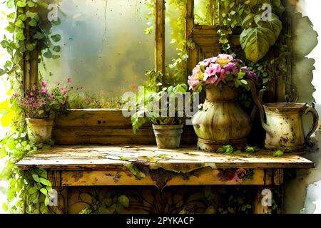 Vintage wooden table with flowers in pots. Photo in old color image style Stock Photo