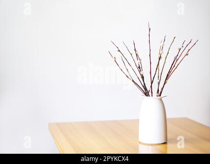Bouquet of willow branches on a white background. Congratulatory background. Happy Easter and spring Stock Photo