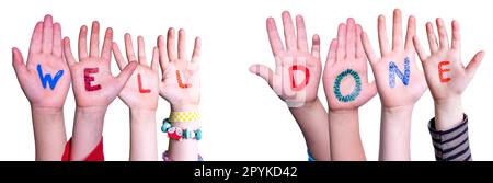 Children Hands Building Word Well Done. White Background Stock Photo