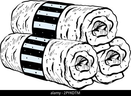 Vector illustration of twisted towels on white background. Black outline of three fresh towels, graphic drawing. For postcards, design and composition Stock Vector