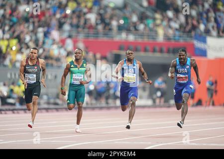 Christian Coleman running the 100m at the 2019 World Athletics Championships in Doha. Stock Photo