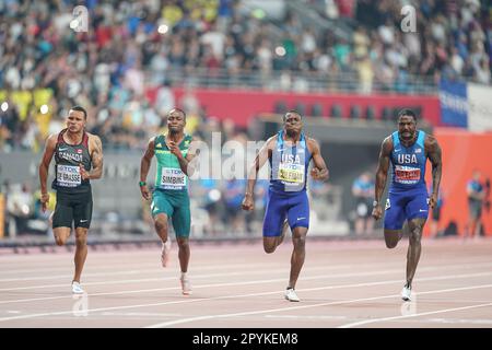 Christian Coleman running the 100m at the 2019 World Athletics Championships in Doha. Stock Photo