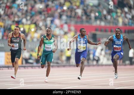 Christian Coleman running the 100m at the 2019 World Athletics Championships in Doha. Stock Photo