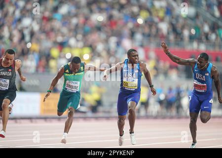 Christian Coleman running the 100m at the 2019 World Athletics Championships in Doha. Stock Photo