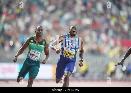 Christian Coleman running the 100m at the 2019 World Athletics Championships in Doha. Stock Photo