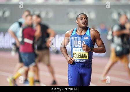 Christian Coleman running the 100m at the 2019 World Athletics Championships in Doha. Stock Photo