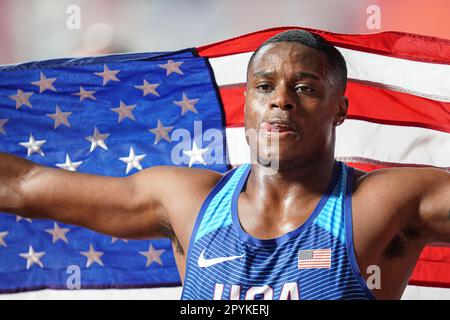 Christian Coleman running the 100m at the 2019 World Athletics Championships in Doha. Stock Photo