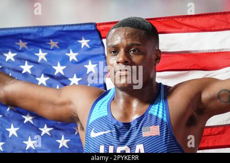 Christian Coleman running the 100m at the 2019 World Athletics Championships in Doha. Stock Photo