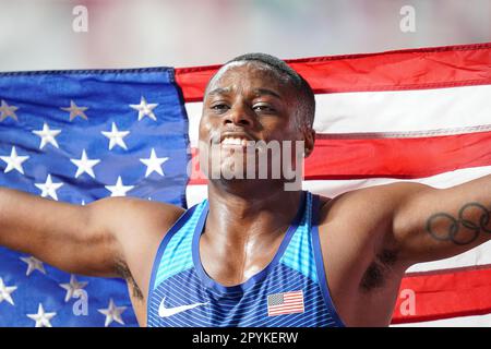 Christian Coleman running the 100m at the 2019 World Athletics Championships in Doha. Stock Photo