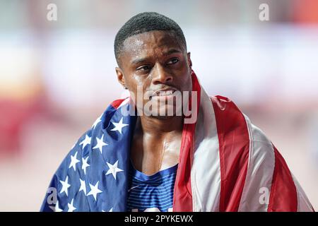 Christian Coleman running the 100m at the 2019 World Athletics Championships in Doha. Stock Photo