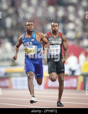 Christian Coleman running the 100m at the 2019 World Athletics Championships in Doha. Stock Photo