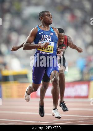 Christian Coleman running the 100m at the 2019 World Athletics Championships in Doha. Stock Photo