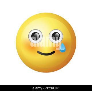 High quality emoticon vector illustration on white background. Emoji smiling. Yellow face smiling with teardrop. Stock Vector