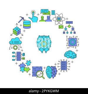 Artificial neural network round banner in colored line style. Machine learning, data science symbols. Vector illustration. Stock Vector